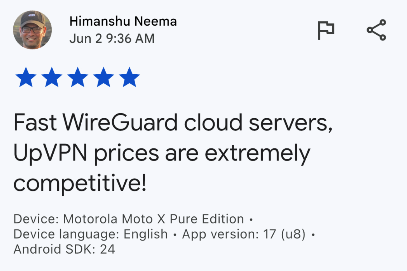 UpVPN Google Play review: Fast WireGuard cloud servers, UpVPN prices are extremely competitive!